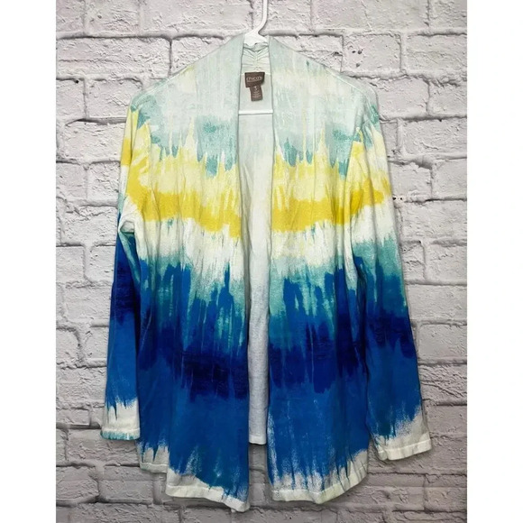 Chico’s Sweaters - Chico’s watercolor open front Cotton Blend cardigan size 3.